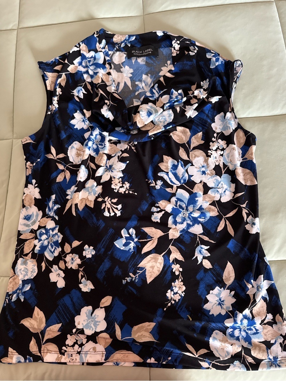 #0220 Black Label by Evan-Picone Blue Floral Cowl Neck Sleeveless Blouse M NWOT